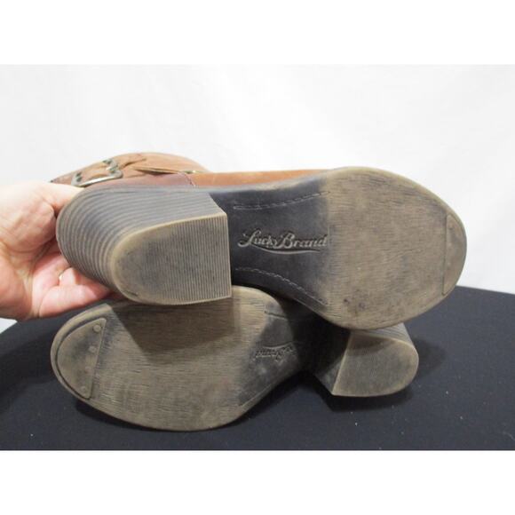 Lucky Brand Tommie Brown Leather Buckle Accent Slip On Ankle Booties Women 8M - Picture 7 of 9